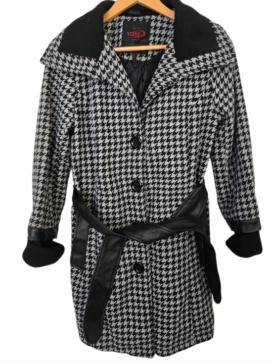 Yoki Jackets & Blazers - Y2K YOKI Houndstooth Belted Coat Black White Faux Leather Trim Medium